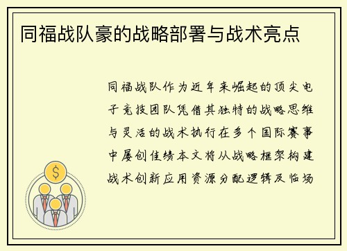 同福战队豪的战略部署与战术亮点
