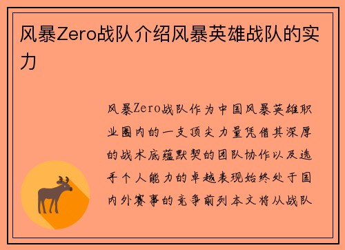 风暴Zero战队介绍风暴英雄战队的实力