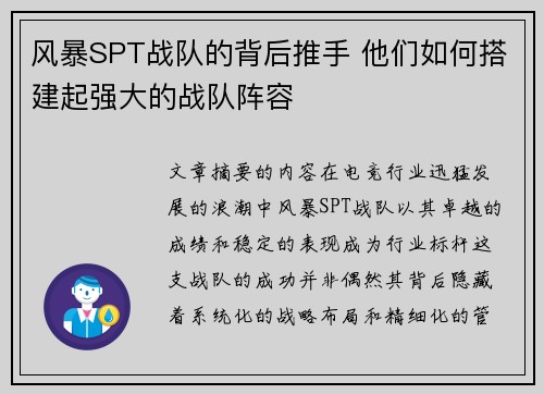 风暴SPT战队的背后推手 他们如何搭建起强大的战队阵容
