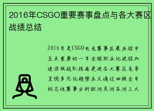 2016年CSGO重要赛事盘点与各大赛区战绩总结